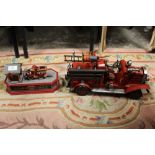 CAST IRON FIRE STATION / FIRE ENGINE MONEY BOX TOGETHER WITH A TIN PLATE FIRE ENGINE