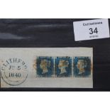 S.G. 6 1840 2d PALE BLUE, horizontal strip of three, cancelled by Clitheroe Duplex J. J. 5 1840 (