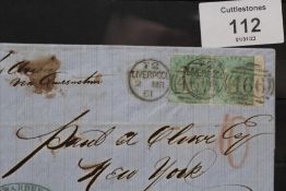 S.G. 73 1859 1/= GREEN, pair on entire, Liverpool to New York