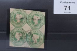 S.G. 54 1/= PALE GREEN, block of four cut square, touched in places, FU