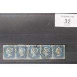 S.G. 4 1840 2d BLUE PLATE 1, a FU strip of five cancelled with black Maltese Crosses, right hand