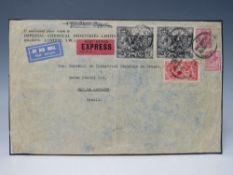 S.G. 438 1929 £1 P.U.C. x 2 (RARE), together with 5/= seahorse and 6d defin. x 2 on cover to Rio