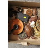 MIXED LOT TO INCLUDE A MINIATURE NORWEGIAN BENTWOOD BOX, THREE WOODEN TURTLES, ENAMEL CANDLESTICK,