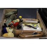 A TRAY OF COLLECTABLES TO INCLUDE RUSSIAN DOLLS, ACTION MAN, DIECAST ETC