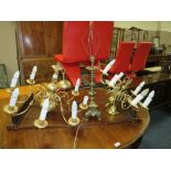 TWO TRADITIONAL BRASS EFFECT CHANDELIERS, A PAINTED CHANDELIERS AND A TABLE LAMP (4)