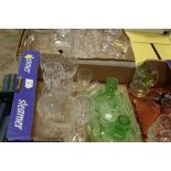 TWO TRAYS OF ASSORTED GLASSWARE TO INCLUDE DECO STYLE DRESSING TABLE PIECES, ETCHED SENIOR SERVICE