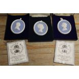 THREE WEDGWOOD BLUE AND WHITE JASPERWARE CASED MEDALLIONS