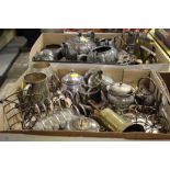 TWO TRAYS OF ASSORTED METALWARE TO INCLUDE A VICTORIAN SILVER PLATED THREE PIECE TEA SERVICE ETC