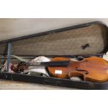 A VINTAGE CASED TWO PIECE BACK CONSERVATORY VIOLIN WITH BOW A/F