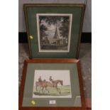 A FRAMED AND GLAZED EQUESTRIAN THEMED COLOURED ENGRAVING TOGETHER WITH A SIMILAR BAMPTON CHURCH