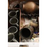 ONE TRAY OF ASSORTED METALWARE TO INCLUDE TANKARDS, ETC