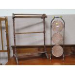 AN EASTERN COPPER CAKE STAND WITH A MAHOGANY TOWEL RAIL (2)