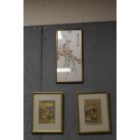 TWO INDIAN STYLE GOLD LEAF AND SCRIPT PICTURES OF HUNTING SCENES, TOGETHER WITH AN ORIENTAL SILK