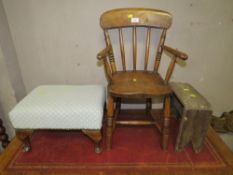 A SMALL CHILDS TRADITIONAL ARM CHAIR WITH TWO STOOLS (3)
