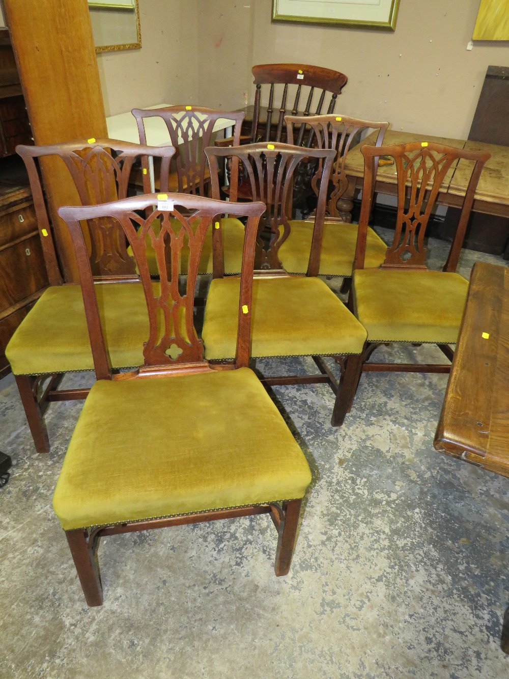 A SET OF SIX ANTIQUE OAK SHERATON STYLE DINING CHAIRS