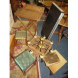 A PAIR OF DUMB WAITER STANDS, BASKET, FOUR ASSORTED STOOLS, LIGHT FITTING, A-BOARD ETC