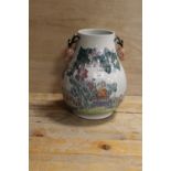 A LARGE CHINESE STAG HANDLED VASE DECORATED WITH CLASSICAL SCENES WITH CHARACTER MARK TO BASE