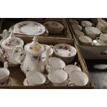 TWO TRAYS OF ROYAL ALBERT LAVENDER ROSE TEA AND DINNERWARE TOGETHER WITH A TRAY OF DUCHESS CHINA