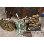 A CAST IRON RAMPANT LION DOOR STOP, BRASS TRAY ON STAND ETC