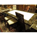 A LARGE COLOURED MARBLE DINING TABLE WITH SIX CHAIRS H-77 L-180 CM