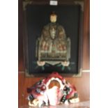 A FRAMED PICTURE OF AN ORIENTAL GENTLEMAN SEATED ON A THRONE TOGETHER WITH A PAINTED WALL MASK (2)
