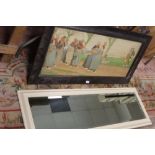 AN OAK FRAMED AND GLAZED VINTAGE DUTCH SCENE TOGETHER WITH A TALL RECTANGULAR MIRROR (2)