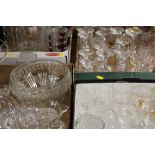 SIX TRAYS OF ASSORTED GLASSWARE TO INCLUDE CRYSTAL GOBLETS