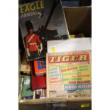 A BOX OF VINTAGE FOOTBALL PROGRAMMES, COMICS ETC