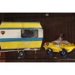 A SINDY JEEP AND CARAVAN WITH DOLL, ACCESSORIES ETC