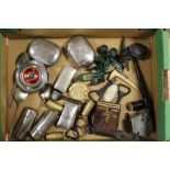 A SMALL TRAY OF COLLECTABLES TO INCLUDE BOTTLE OPENERS TOBACCO BOXES ETC