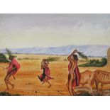 CONTEMPORARY AFRICAN SCHOOL ACRYLIC ON CANVAS DEPICTING MASAI WARRIORS WITH CATTLE