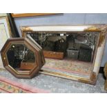 A MODERN FRAMED RECTANGULAR MIRROR TOGETHER WITH A WOODEN FRAMED OCTAGONAL EXAMPLE (2)