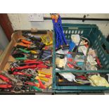 TWO TRAYS CONTAINING VARIOUS SPECIALISED HAND TOOLS, CRIMPERS, METAL CUTTERS, SCREW DRIVERS, SIX ARM