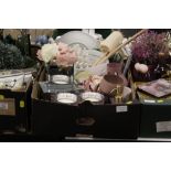 THREE TRAYS OF EX SHOW HOME ASSORTED BATHROOM AND FLORAL THEMED HOME ACCESSORIES ETC