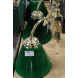 THREE BRASS WALL LIGHTS WITH GREEN GLASS SHADES