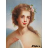 A SMALL GILT FRAMED PORTRAIT PAINTING OF A LADY IN TYPICAL COSTUME SIGNED D. GOETZ