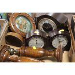 A TRAY OF ASSORTED CLOCKS, CANDLESTICKS ETC