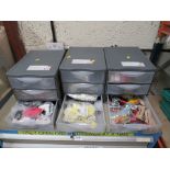 THREE PLASTIC DRAWERS CONTAINIGN JIG CLAMPS, CABLE TIE MOUNTS, POTTING BOXES, WIRE WOUND