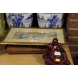 A TRAY OF ASSORTED PICTURES AND PRINTS TO INCLUDE AN ORIENTAL CRANE EXAMPLE, TWO BLUE AND WHITE THAI