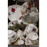 A TRAY OF ASSORTED CERAMICS TO INC ROYAL ALBERT SET ROMANCE TEA WARE, FLATBACK STYLE FIGURE A/F ETC