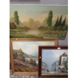 A SELECTION OF THREE ASSORTED OIL PAINTINGS ETC TOGETHER WITH A FRAMED PICTURE AND A MIRROR (5)
