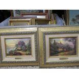 TWO BOXES OF ASSORTED MOSTLY GILT FRAMED PICTURES, TO INCLUDE TWO THOMAS KINKADE EXAMPLES