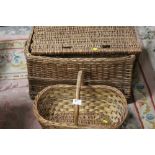 A WICKER HAMPER BASKET TOGETHER WITH A SMALL WICKER BASKET (2)