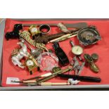 A TRAY OF COLLECTABLES TO INCLUDE A JEWELLED CAMEL RING BOX, MINIATURE CLOCKS ETC