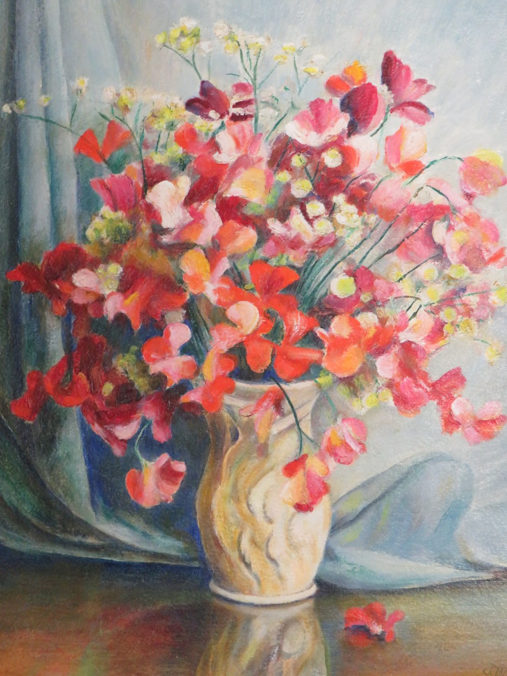 J.W.ROYNON - OIL ON BOARD OF SWEET PEAS IN A VASE TOGETHER WITH A FLOWER STUDY BY P J BAKER (2)