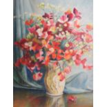 J.W.ROYNON - OIL ON BOARD OF SWEET PEAS IN A VASE TOGETHER WITH A FLOWER STUDY BY P J BAKER (2)