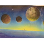 AN INDISTINCTLY SIGNED MIXED MEDIA ON PAPER MODERNIST STUDY OF PLANETS ABOVE A SHIP A SEA
