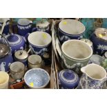 TWO TRAYS OF MOSTLY WEDGWOOD BLUE DIP CERAMICS TO INCLUDE JARDINAIRES, 3PC TEA SERVICE, CRACKER