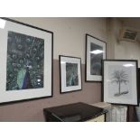 A MODERN FRAMED PEACOCK PICTURE WITH THREE FURTHER PEACOCK PICTURES (4)
