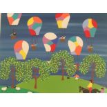 (XXI) GORDON BARKER - A MODERN FRAMED AND GLAZED PAINTING 'BALLOONS IN THE COUNTRYSIDE'